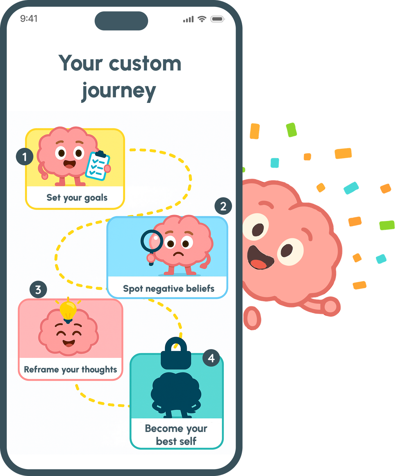 Rewire it app showing custom journey and celebration screens